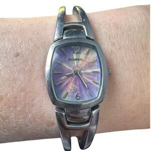 Fossil F2 ES-9748 Women Watch Silver Stainless Steel Purple Sunburst Dial Bangle